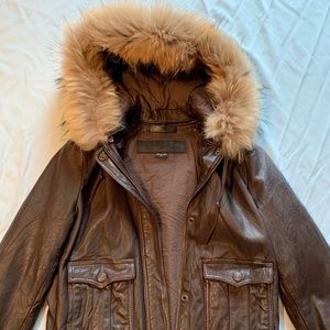 True Religion leather bomber jacket with fur hood